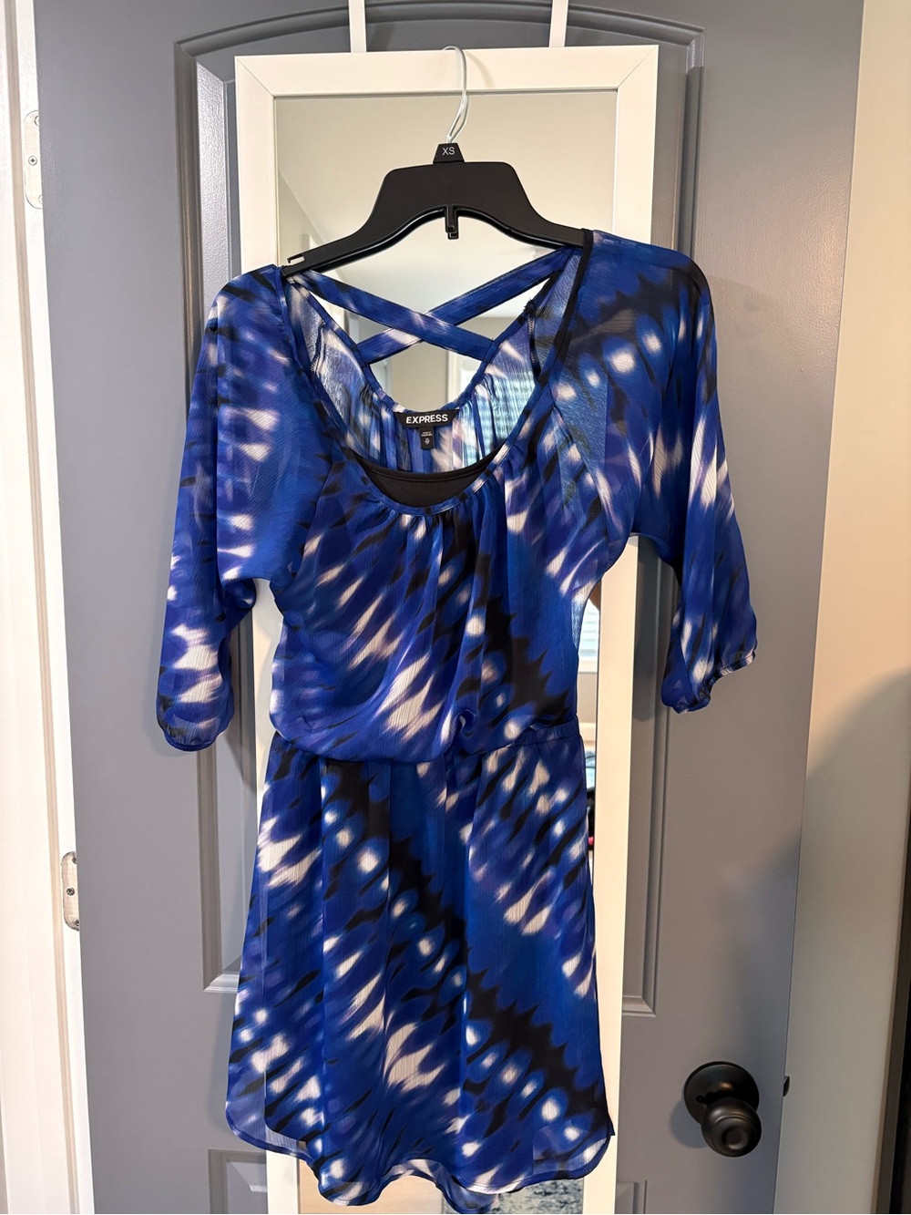 Express Blue & White Patterned Mini Dress with Crisscross Back